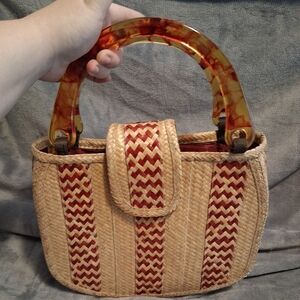 Woven Straw Purse Vintage Unique Handles